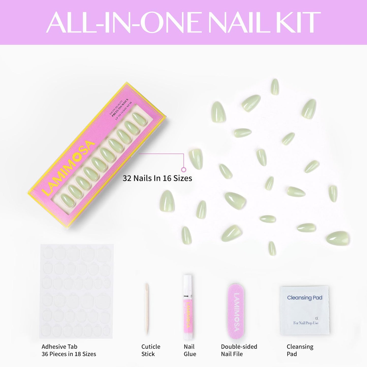 LAMIMOSA 32Pcs Sage Green Press On Nails Short Almond – Soft Gel Solid Color Fake Nails in 16 Sizes, Solid Green Glue on Nail kit, Sping Summer False Nails Stick On Nails, SAGE