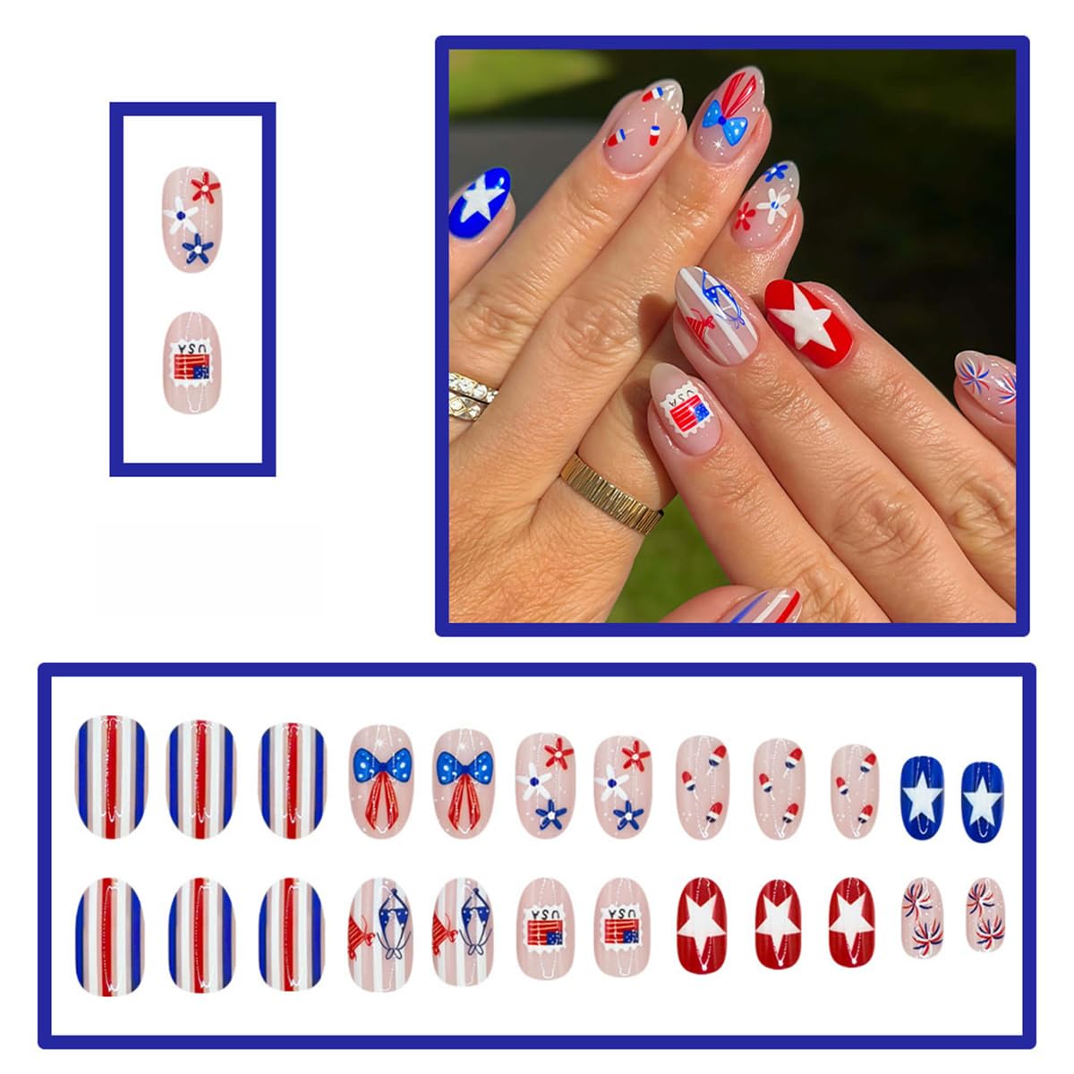 24 Pcs Independence Day Press on Nails Short Almond WLGDLH July 4th Fake Nails, Summer False Nails with Striped Star Bow Flowers Design, Nude Base Glue on Nails for Women Manicure, Glossy Finish