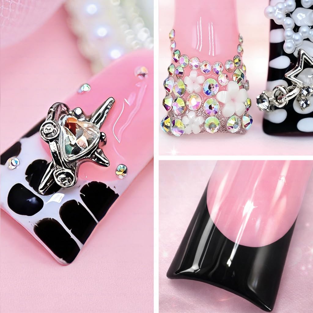 IntoVibes 10 Pieces Luxury Acrylic Press On Nails Long Handmade Duck Nails, Black Thickened False French Nails, With 3D Bowknot And Stars, Reusable Fake Nails, Acrylic Nails (L)