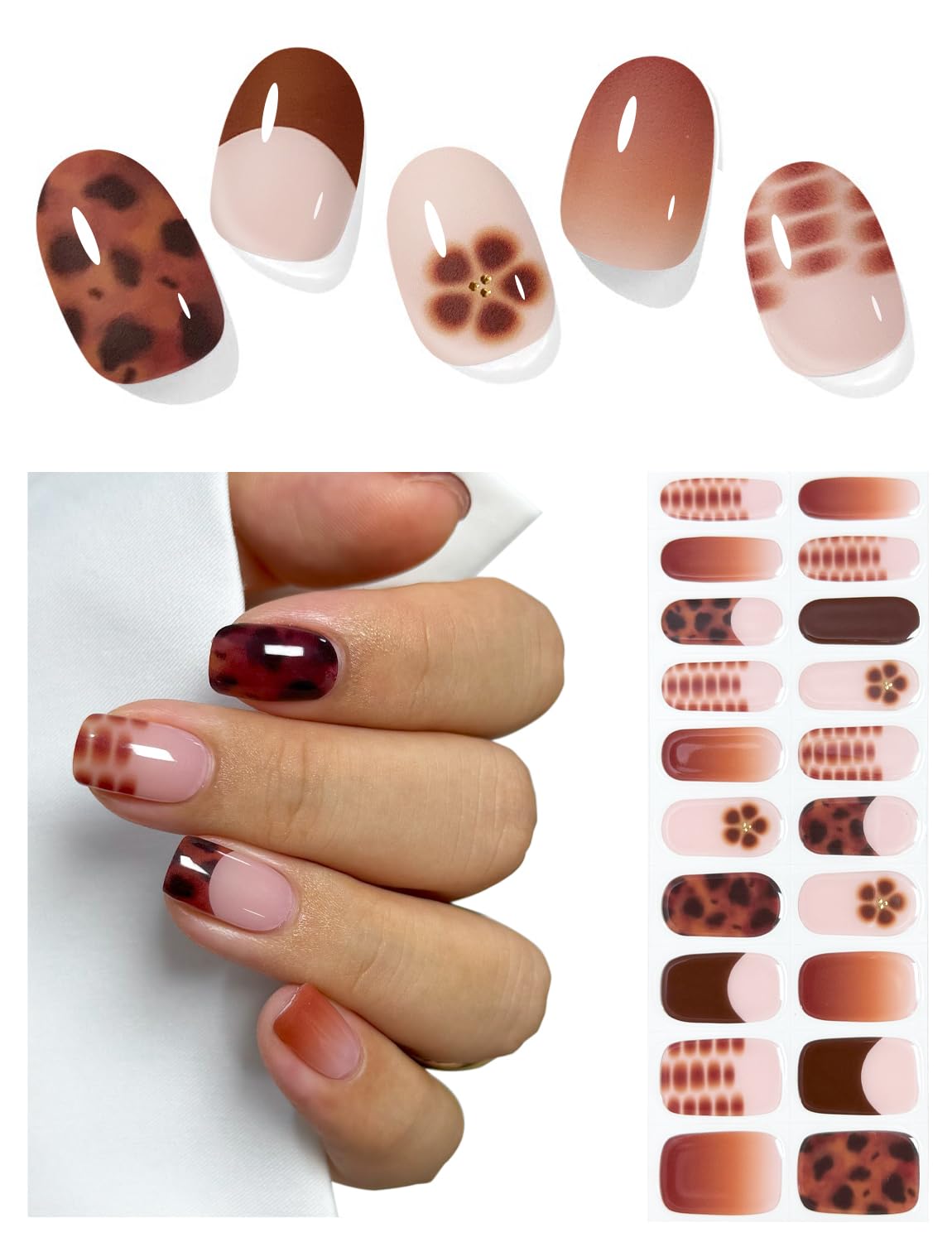 AutyaMee Semi Cured Gel Nail Strips (Brown Flower French), 20 Pcs Fall Gel Nail Wraps, Stickers, UV Light Required, Salon Quality, Long Lasting