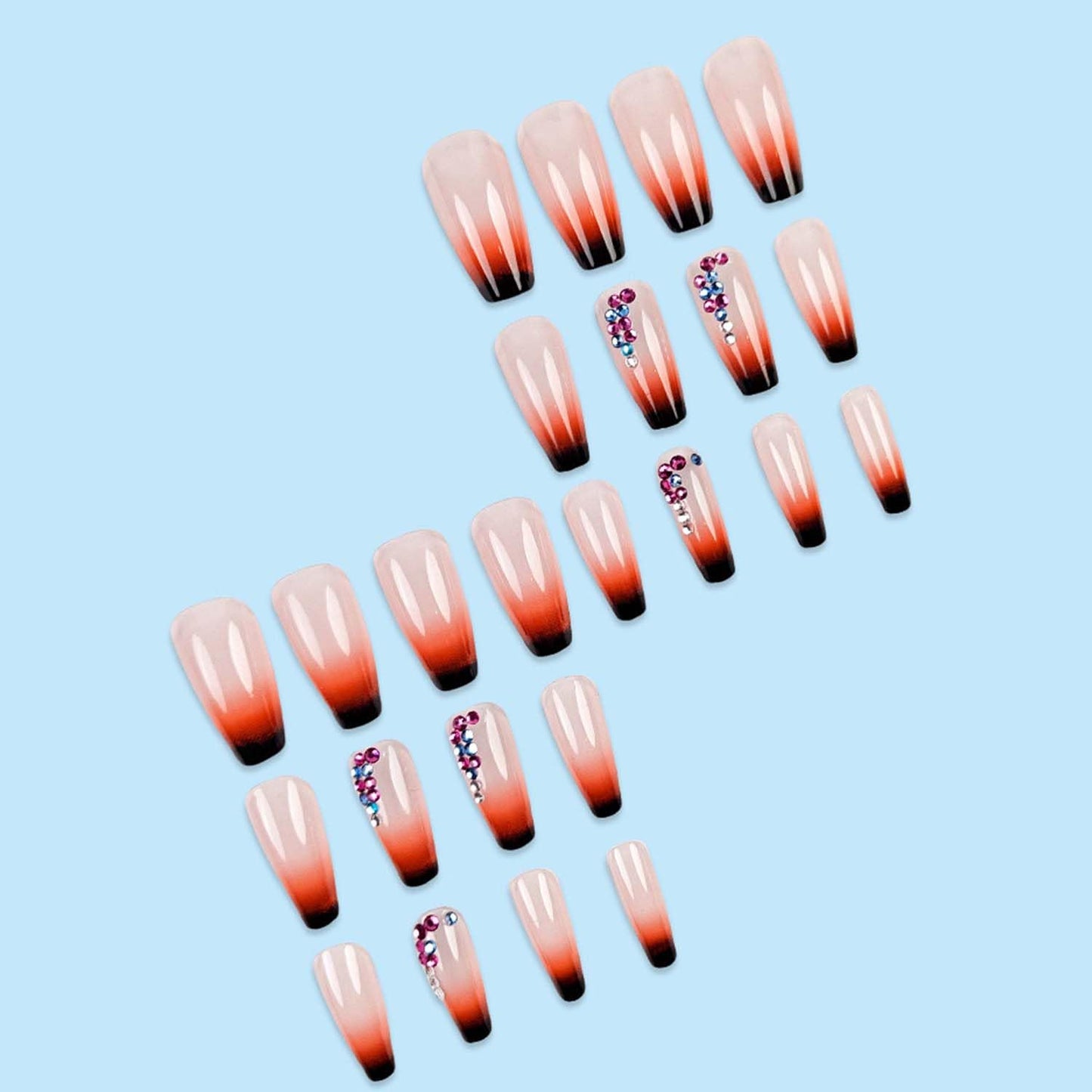 Coffin Press On Nails Medium Fake Nails Gradient With Rhinestone Design Black Ombre False Nails Full Cover Artificial Acrylic Glossy Glue On Nail Stick On Nail For Women Manicure 24pcs