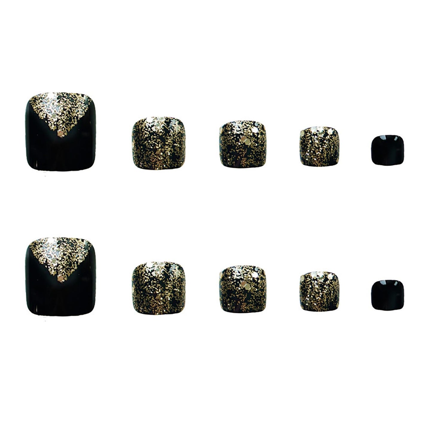 Vezocim Black False Nails Sets, Press on Toenails Coffin with Gold Glitter Designs, Full Cover Artificial Acrylic Fake Nails for Toe, Glue on Toenails with Charm, Stick on Toe Nails for Women