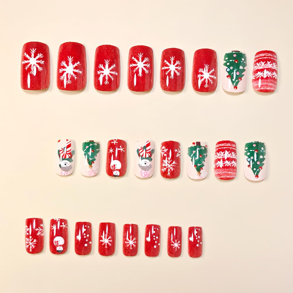 24Pcs Christmas Press on Nail Medium Square Snowman Fake Nail Red Crutch Stick on Nails Full Cover Winter Gel Glue on Nails Xmas Snowflake False Nails for Women Girls Manicure Kit