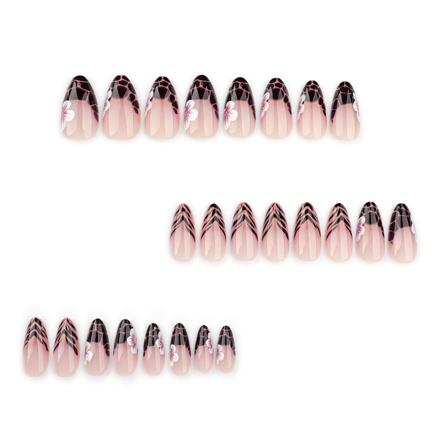 French Tip Almond Brown Leopard Print Flower Design Glue On Full Cover Stick On 24Pcs Fall Acrylic Nails for Women Manicure
