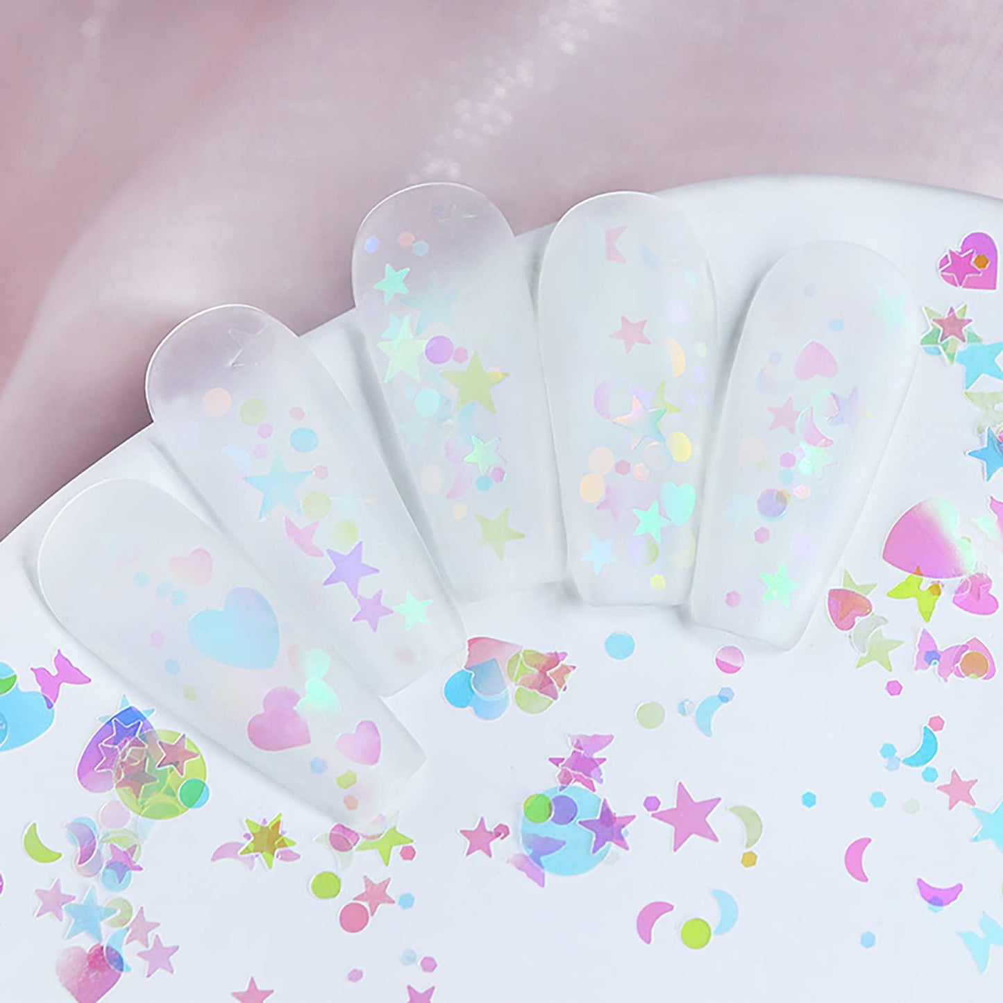 Iridescent Nail Art Glitter Sequins, Holographic 3D Ultra Thin Nail Art Glitter Flakes Designs, Heart Butterfly Round Star Acrylic Nails Supplies for Women Girls Manicure Decorations, DIY Nail Crafts