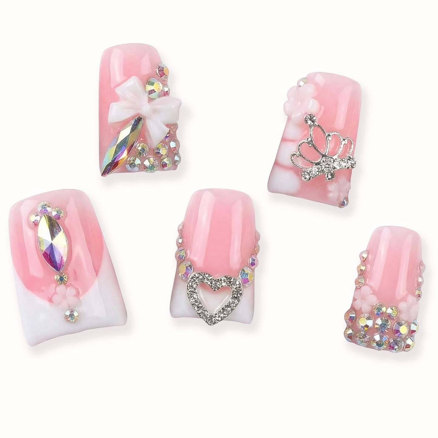 Handmade Acrylic Press on Nails Short Duck Nails Press on Nail Kit,With Rhinestones and Bow Design False Nails | Easy to Apply, Remove & Reusable, Salon - Quality(Size M)