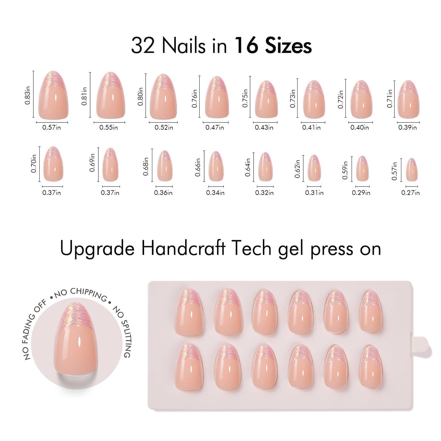 Press-On Nails - Short Almond French Tip Nude Pink Fake Nails, 32 PCS in 16 Sizes, Reusable Nail Kit with Long-Lasting UV Glue, Adhesive Tabs, Nail Glue & Nail Glue