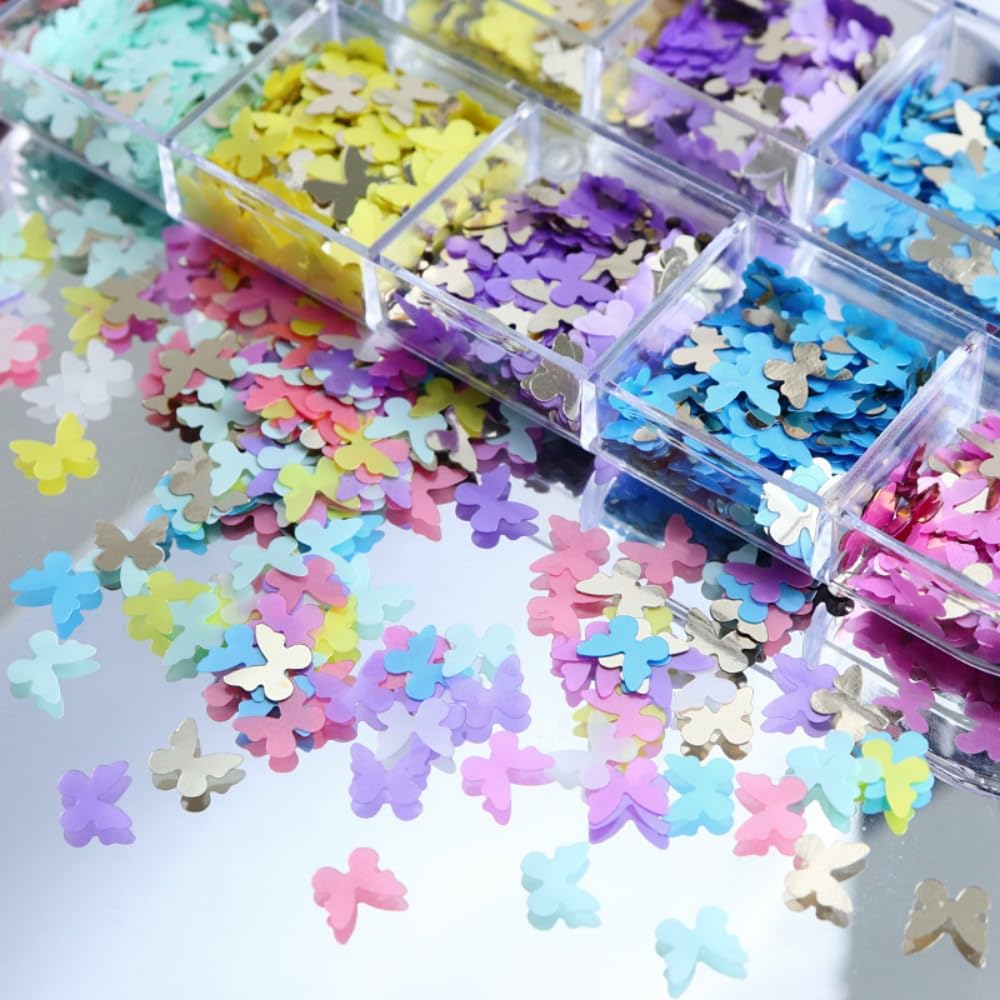 1 Box 6 Color Holographic Butterfly Nail Glitter Laser Pink Nail Sequins 3D Blue Yellow Nail Flakes Sparkly Powder Flakes Shiny Nail Glitter Colorful Nail Sequins Glitter for Nails Art 12 Grids
