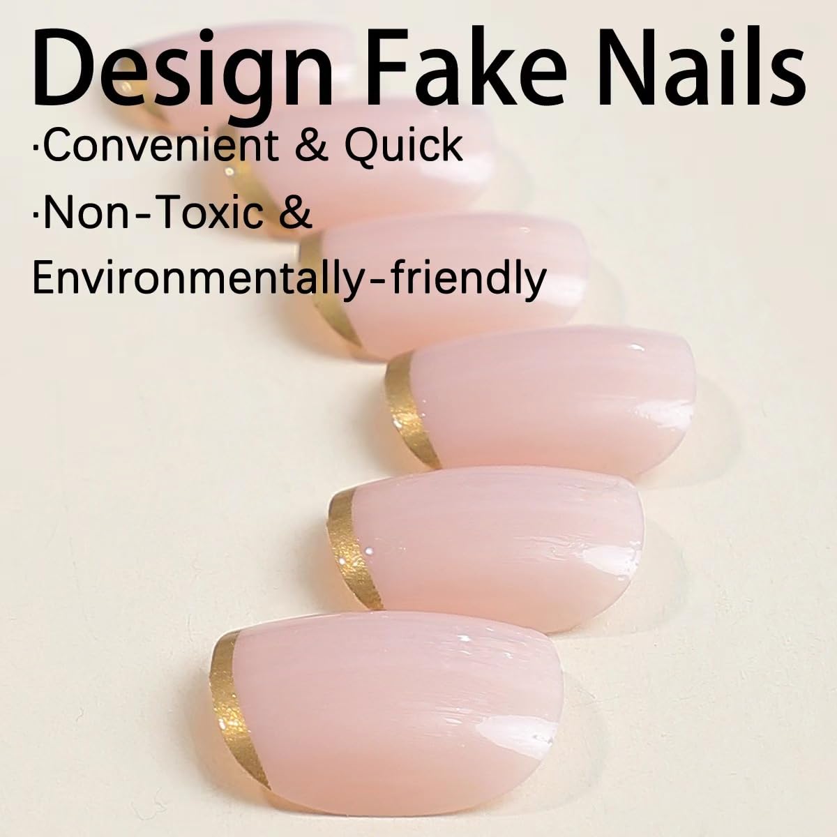 Gold French Tip Press on Nails Short Fake Nails with Design Square Acrylic Glue on Nails Glossy Full Cover Nude Stick on Nail Reusable Artificial Squoval False Nail for Women Girls Manicure 24pcs