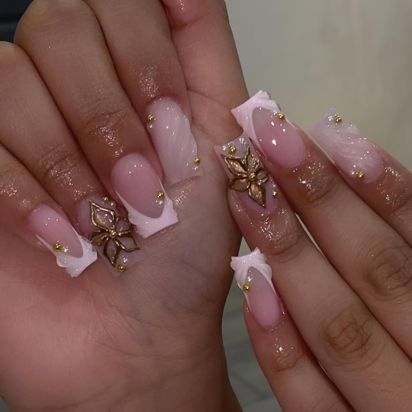 Pink French Tip Fake Nails Medium Square Press on Nails Flower False Nails Pink Nails Press Ons Glossy Full Cover Stick on Nail with Gold Rhinestones Design Acrylic Glue on Nail for Women Set 24Pcs