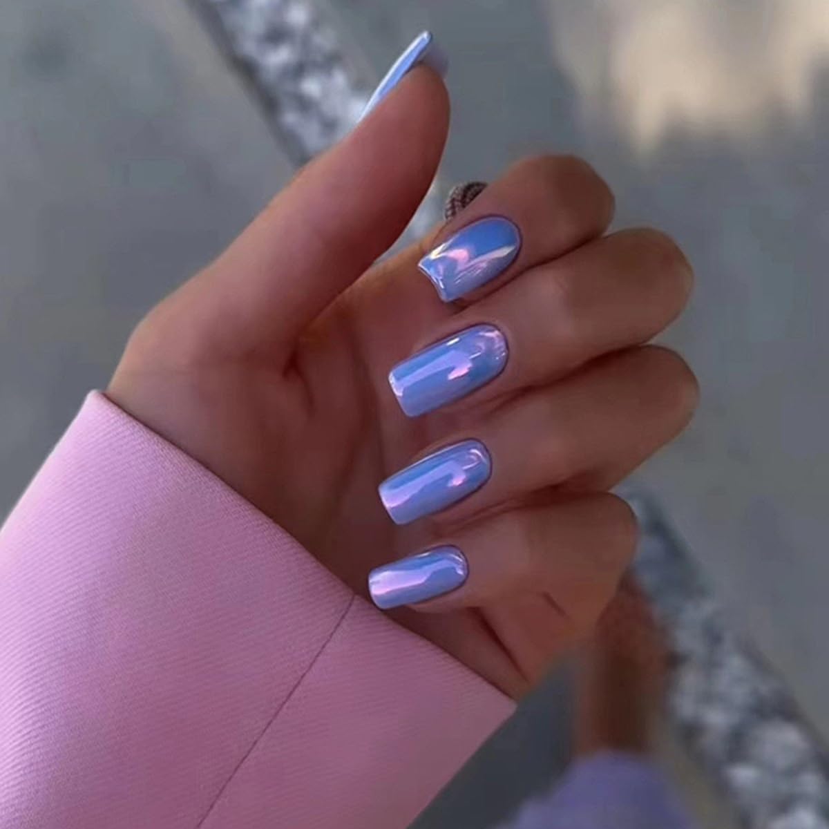 CTTHNBD Press on Nails Square - Medium Fake Nails with Chrome Design - Purple Blue False Nails Press ons - for Women 24 Pcs