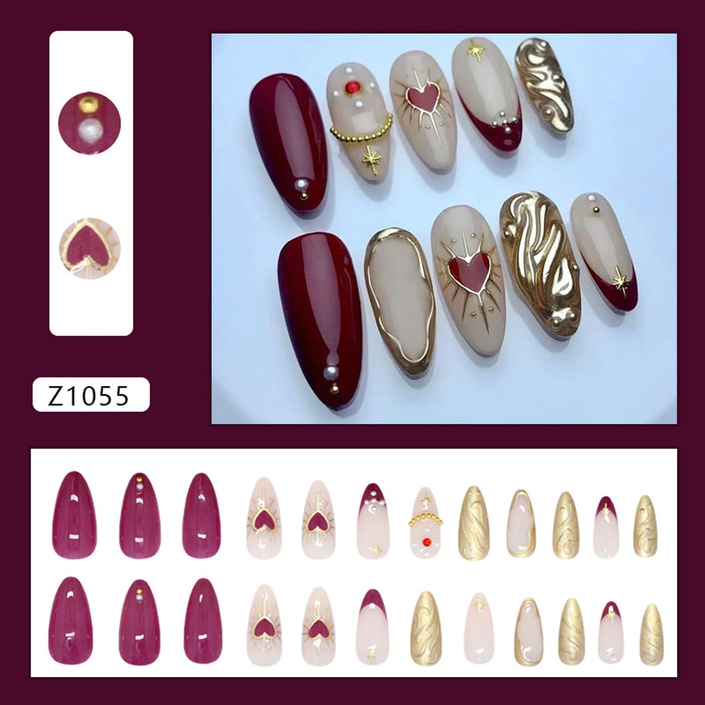24Pcs Purple Press on Nails Medium Almond Fake Nails 3D Ripple Star Heart Pearl Design Removable Oval Press on Y2K Gold French False Nails Full Cover Glue on Nails Glossy Artificial Nails for Women