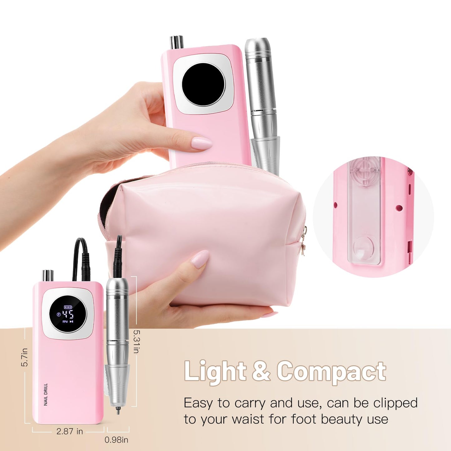 Rechargeable Electric Nail File Professional: Madenia 45000RPM Portable Efile Nail Drill Kit, Cordless E File Nail Drill Machine for Acrylic Gel Nails Salon Home Manicure Use, Pink