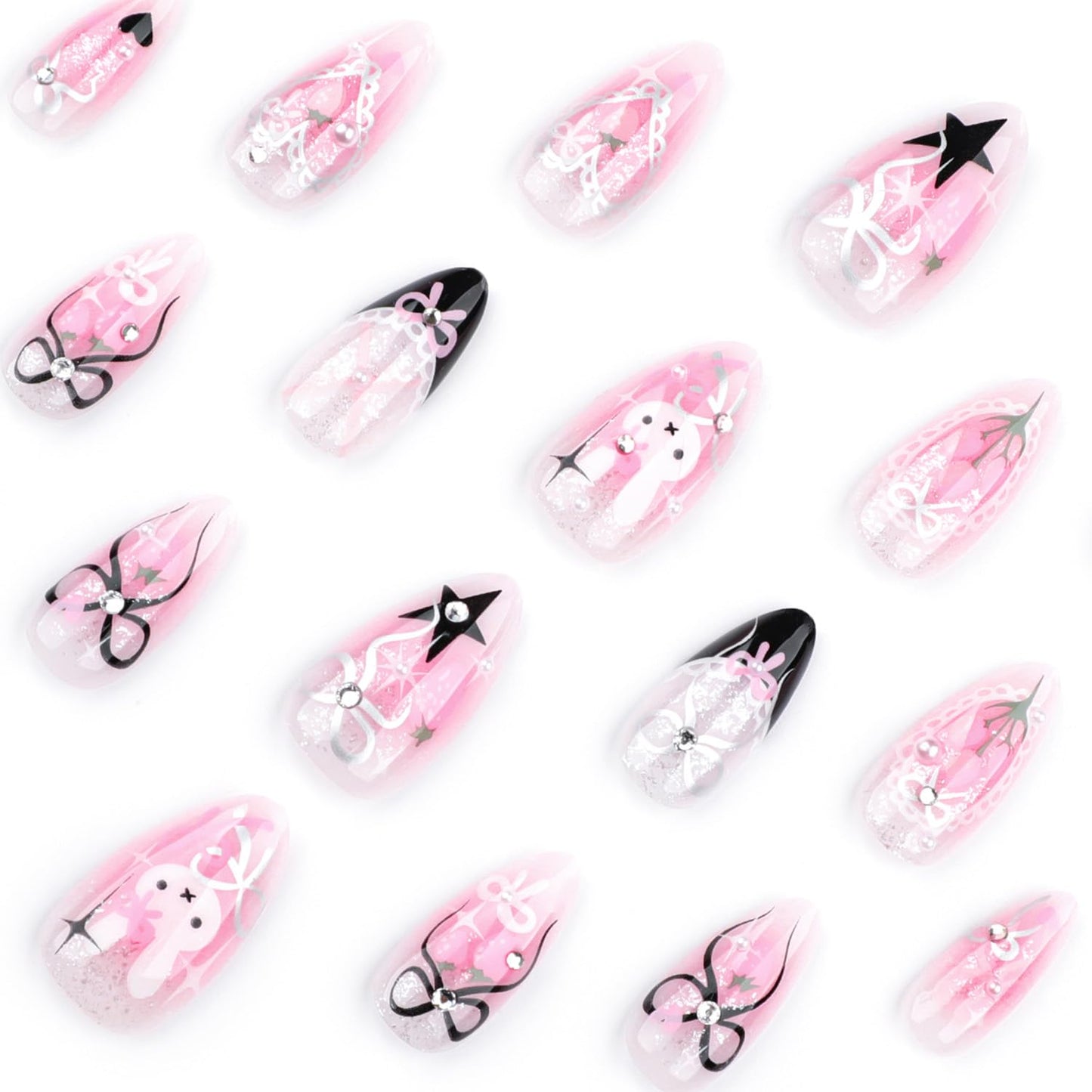 Pink Tulip Flower Press on Nails Short Almond Fake Nails Cute Bow False Nails with 3D Rhinestone Pearl Charms Designs Acrylic Nails Lovely Rabbit Stick on Nails for Women Nails Decor Supplies 24Pcs