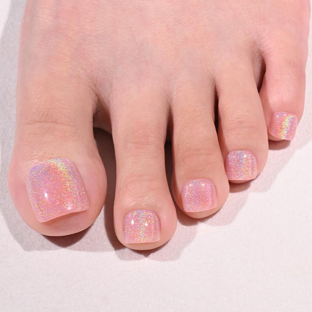 evpct Pink Glitter Colorful Press on Toenails Square for Women Gift, Glossy Square Fake Stick Press on Toe Nails, Soft Stick on Toenail Set with Kit, Lightweight Perfectly Fit Full Cover Fake Toenails