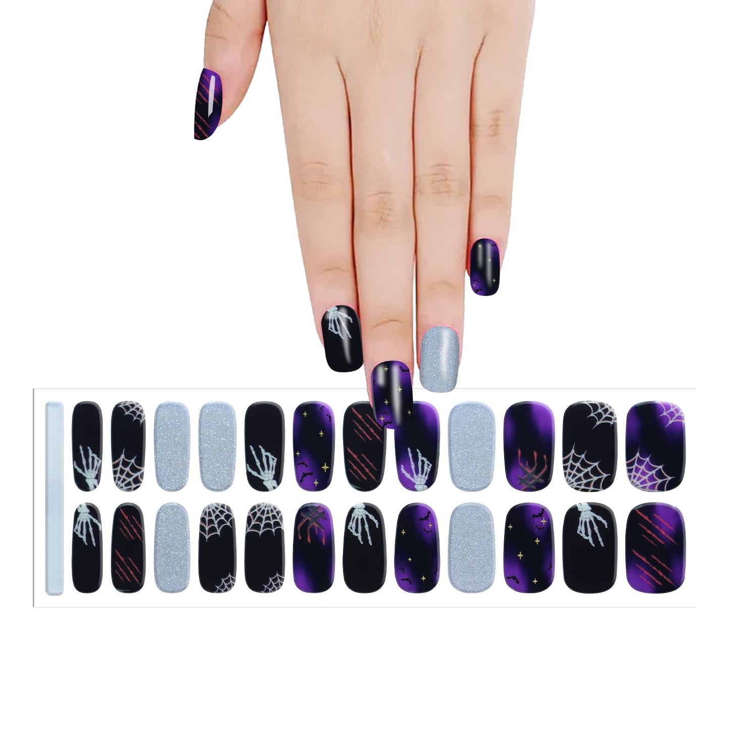 DANNEASY 24 Pieces Halloween Semi Cured Gel Nail Strips Glow in The Dark Gel Nail Stickers Full Nail Wraps Spider Web Bat Skeleton Manicure Design with Nail File, Cuticle Stick