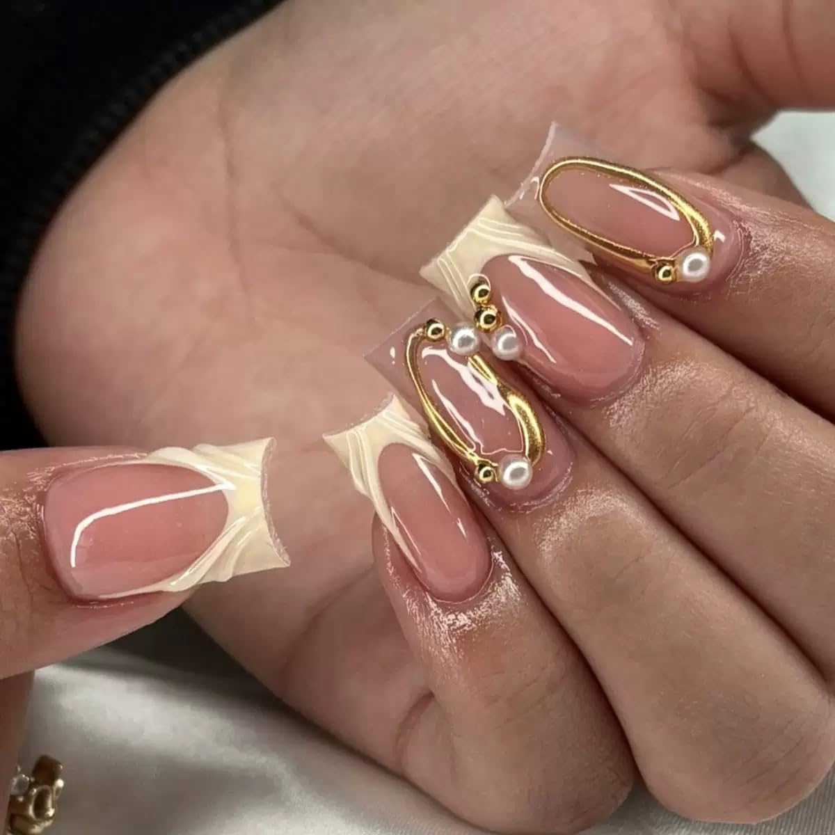 Medium Press on Nails Square - French Tip Fake Nails with Gold Line Design - 3D, Golssy Full Cover Stick on False Nails - for Women 24 Pcs