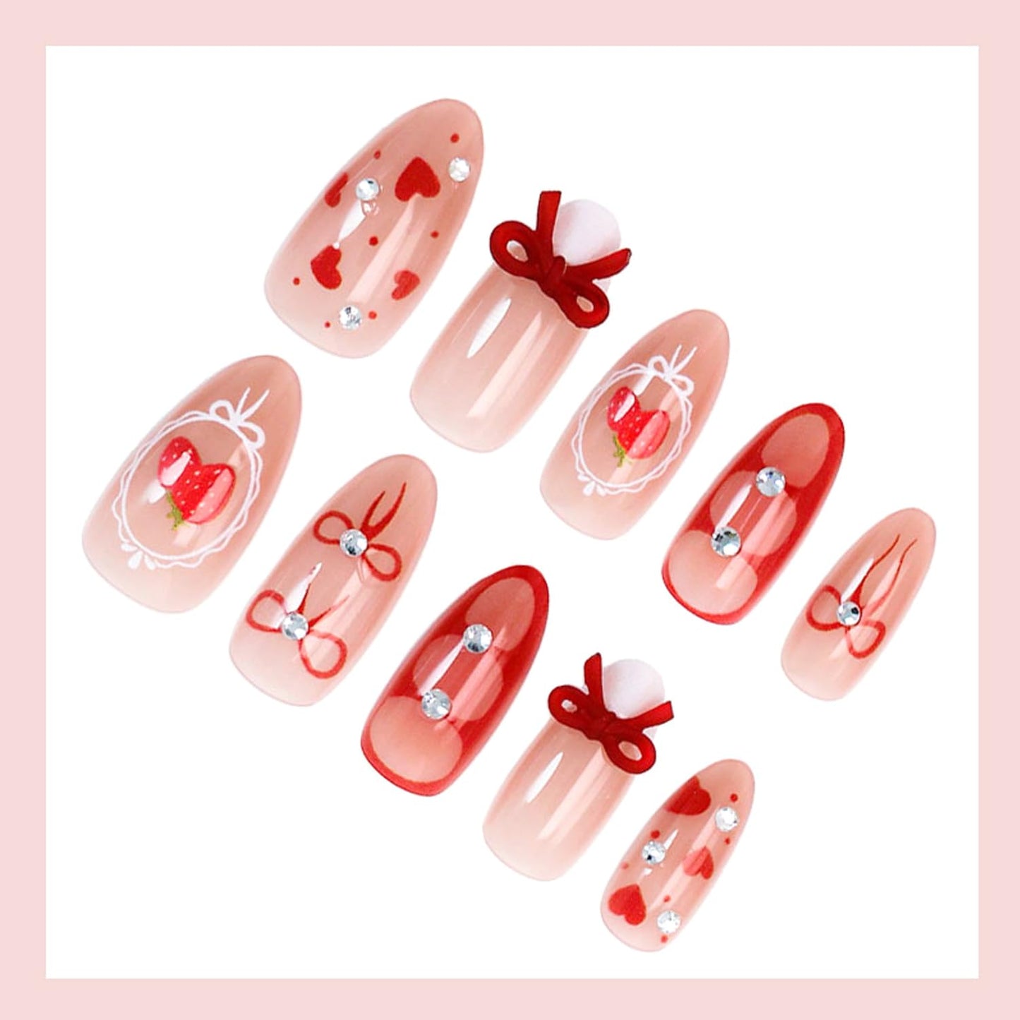 30Pcs Valentines French Tip Press on Nails Medium Almond Fake Nails with 3D Rhinestone Bow Designs Red Heart Strawberry False Nails Nude Glossy Full Cover Holiday Artificial Acrylic Nails for Women