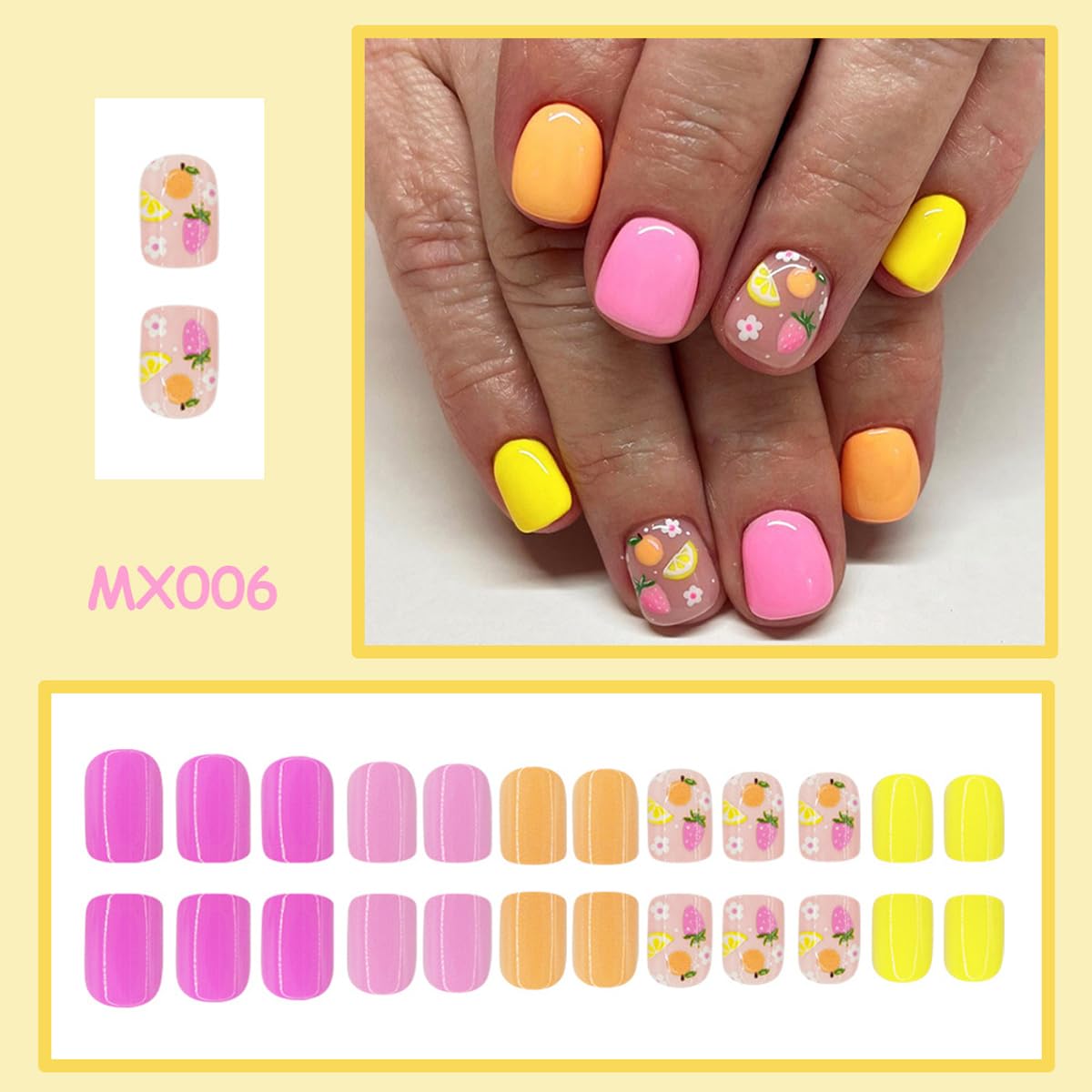Short Square Press on Nails - Pink Yellow Fake Nails with Fruit Lemon & Strawberry Design, Spring Summer Full Cover Stick on Nails for Women Manicure 24 Pcs