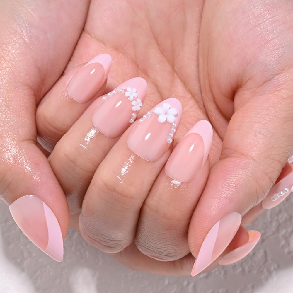 evpct Nude Pink French Press on Nails Short Almond with 3D Flower Design, Pink French Tip Stick on Nails for Women Gift, Reusable Full Cover Soft Press on Fake Nail Perfectly Fit with Pearl Design