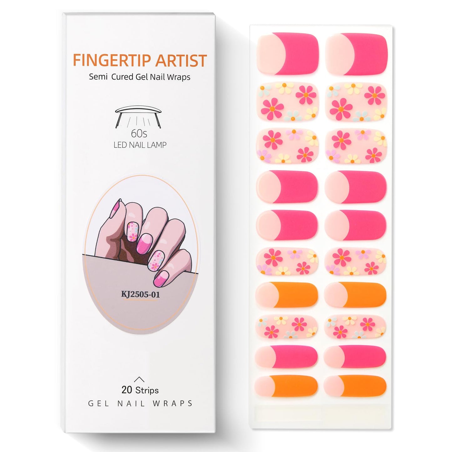 Semi Cured Gel Nail Strips French Tip Nail Stickers with Flower Designs Cute Glossy Gel Stickers Salon Quality & Easy to Use Need UV/LED Light for Women 20 Pcs