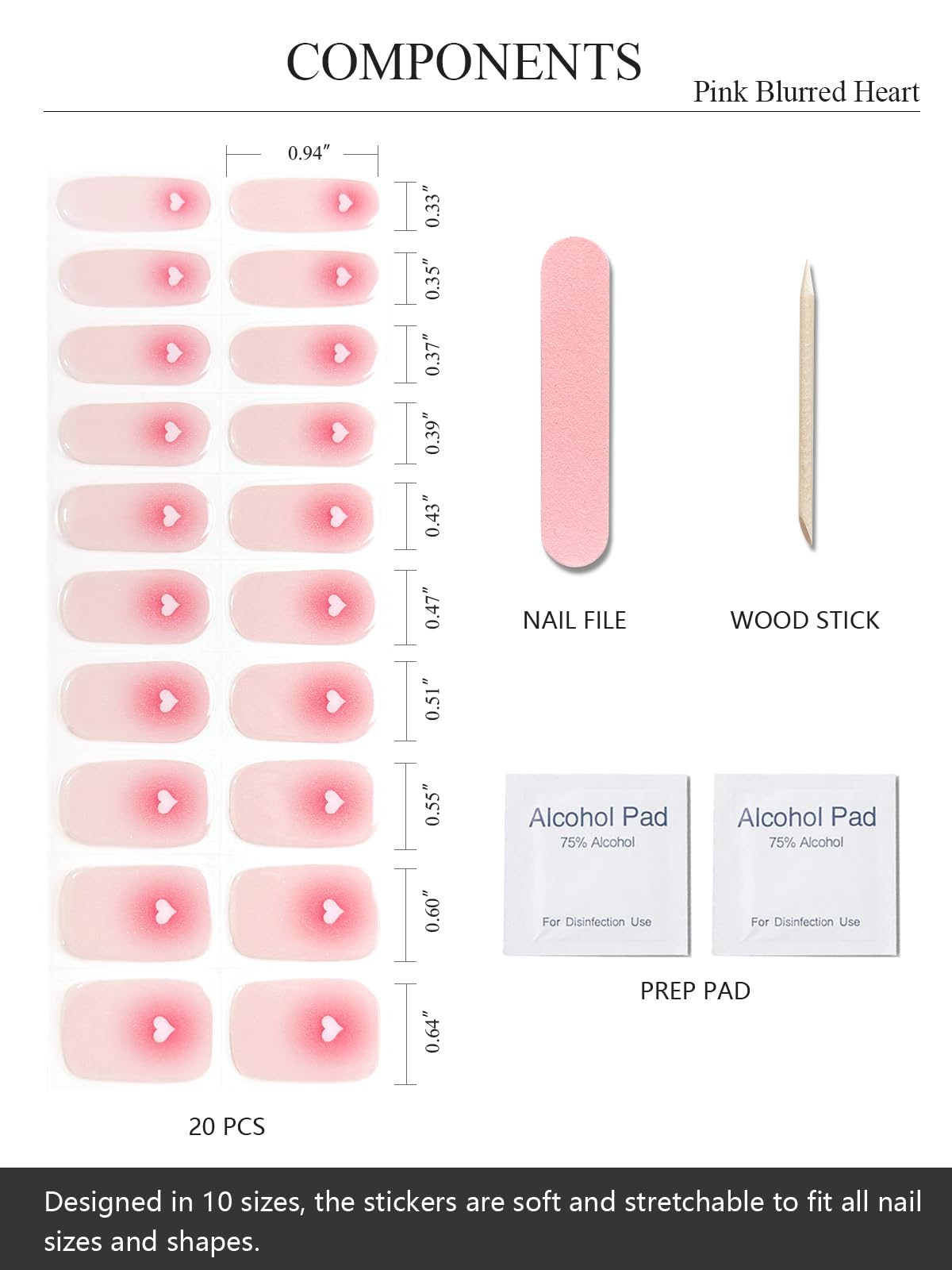 AutyaMee Semi Cured Gel Nail Strips (Pink Blurred Heart), Valentine's Day, 20 Pcs Gel Nail Wraps, Stickers, Salon Quality, Works with Any UV Lamps