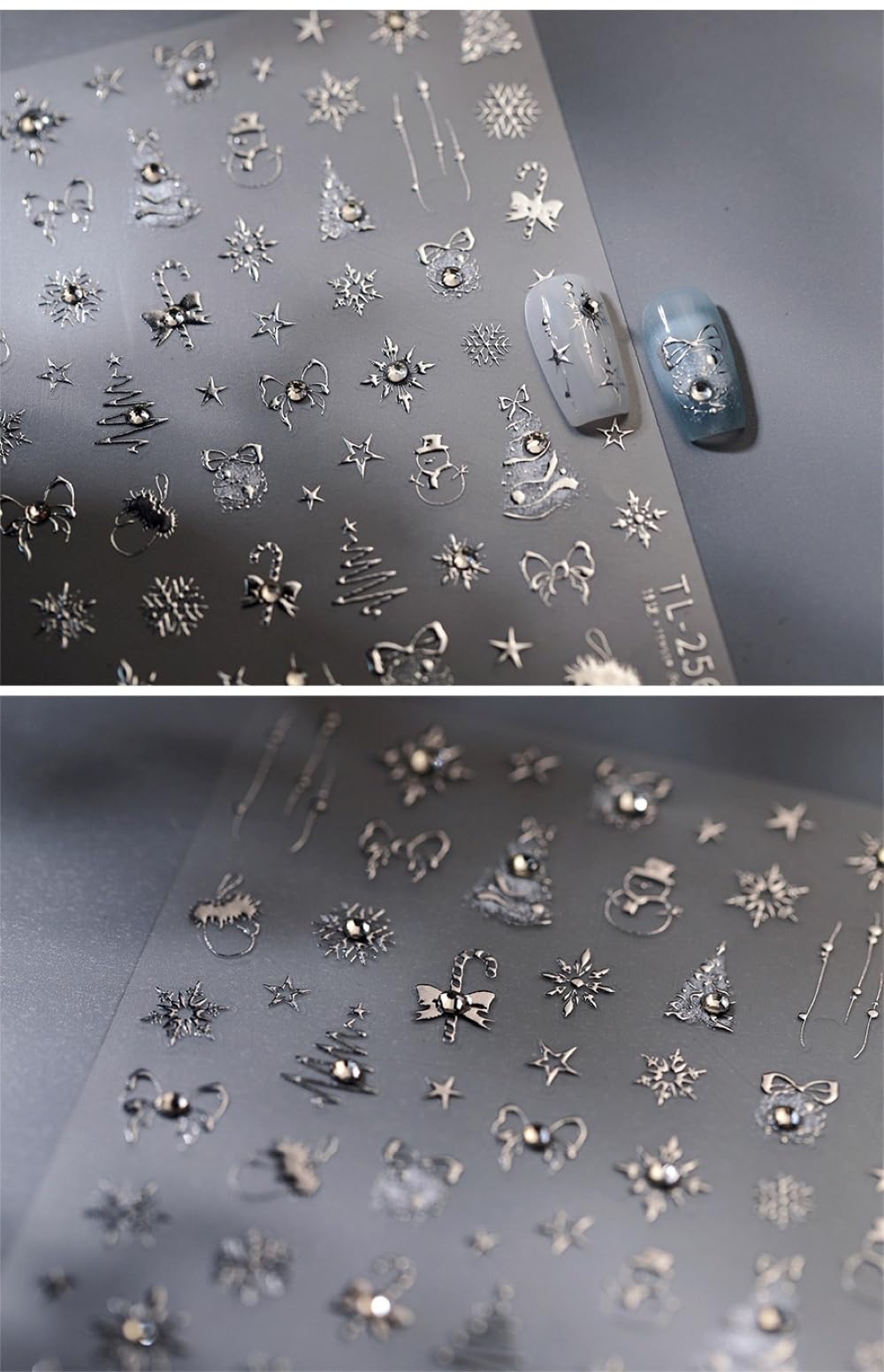 5D Embossed Silver Christmas Nail Stickers for Nail Art Xmas Nail Art Stickers Xmas Tree Nail Decals Self-Adhesive Snowflake Canes Rhinestone Nail Decals for Women Nail Supplies Manicure DIY