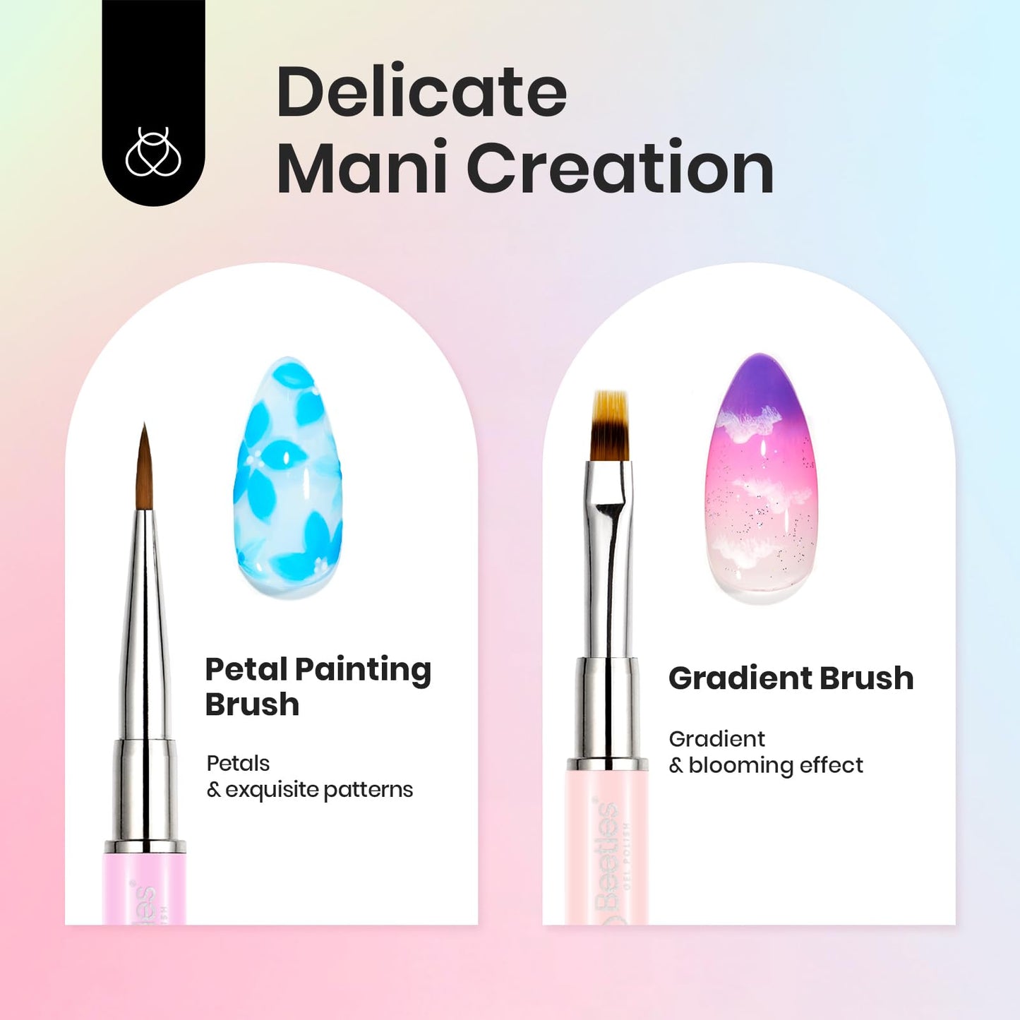 Beetles 7 Pc Double-ended Nail Art Brushes Set - Synthetic Fibers - Gel Polish Design Pen Liner, Flat, Oval, Petal, Gradient, Dotting Brushes - DIY Nail Art Kit - Gifts for Women