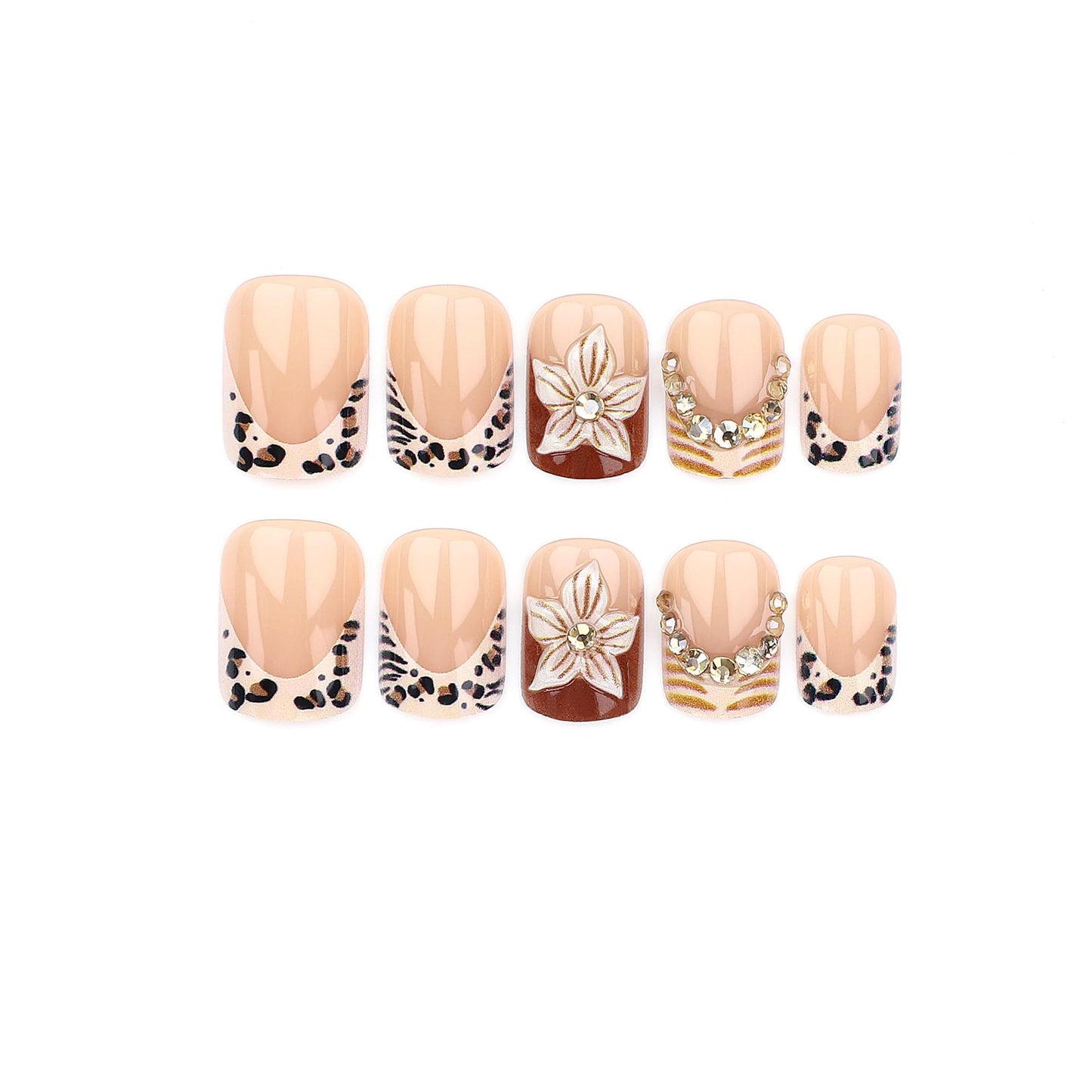 Short Square Press on Nails Fake Nails Artificial Nail Stick on Nail for Women, Nude Pink Leopard Print with 3D Flowers & Glam Gold Accents