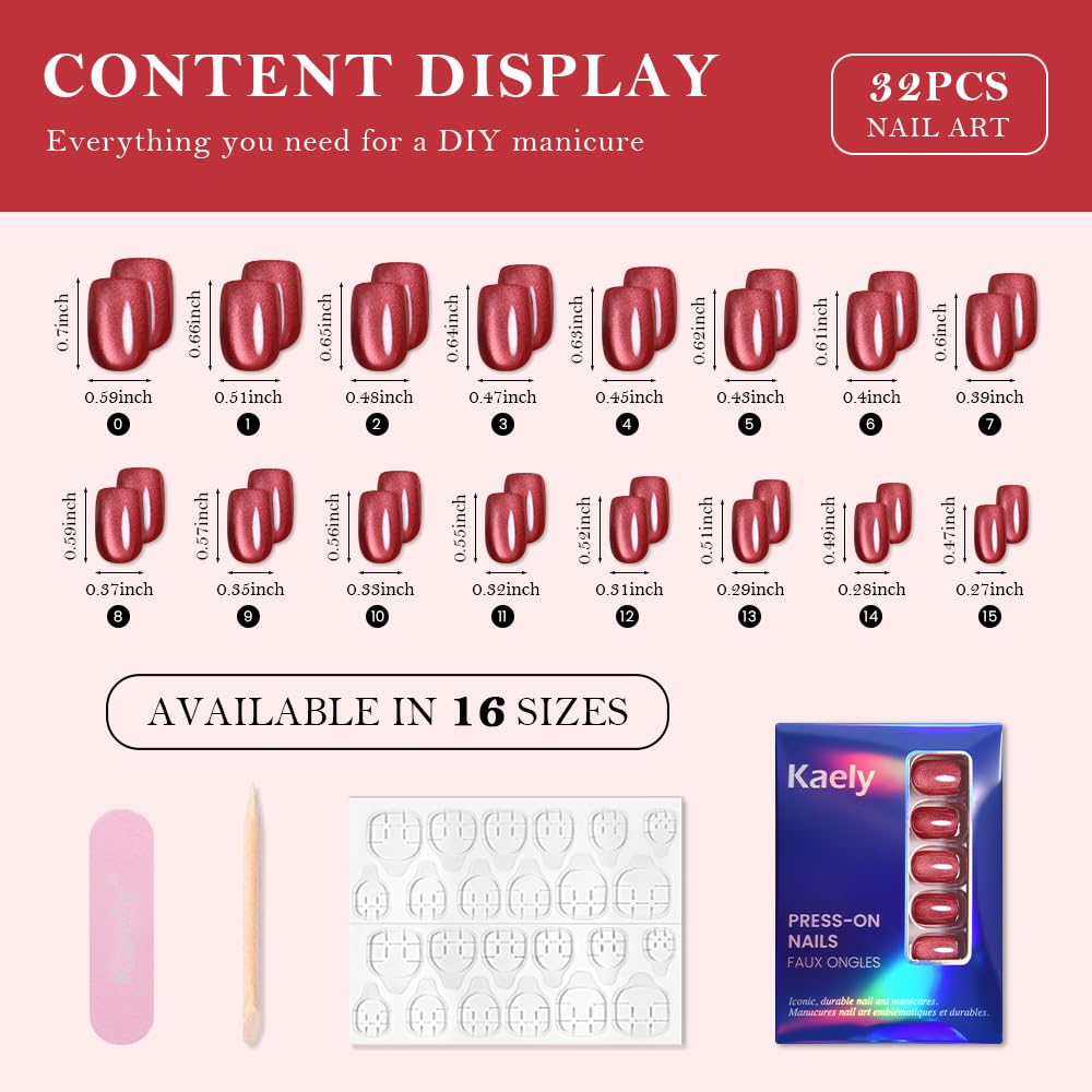 evpct Red Cat Eye Short Square Press on Nails No Glue for Women Gift, Red Short Square Stick on Nails with Cat Eye Design, Metallic Glitter Glossy Soft Fake Nail, Reusable Press on Acrylic Fake Nail