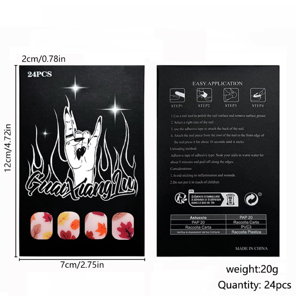 Fall Press on Nails Short - Square Fake Nails with Maple Leaf Design - Thanksgiving Day False Nails, Matte Stick on -for Women 24 Pcs