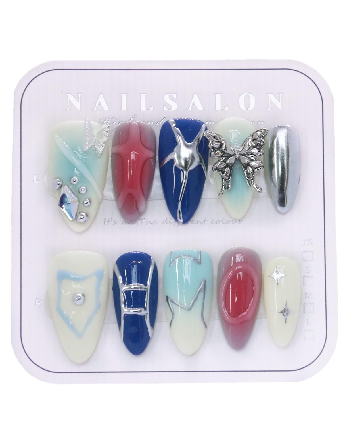 CAMILCY Luxury Handmade Press On Nails Almond Short Blue Silver 3D Butterfly Rhinestone Glossy Fake Nails Reusable Salon Quality Acrylic Nails for Wome 10pcs (A140, L)
