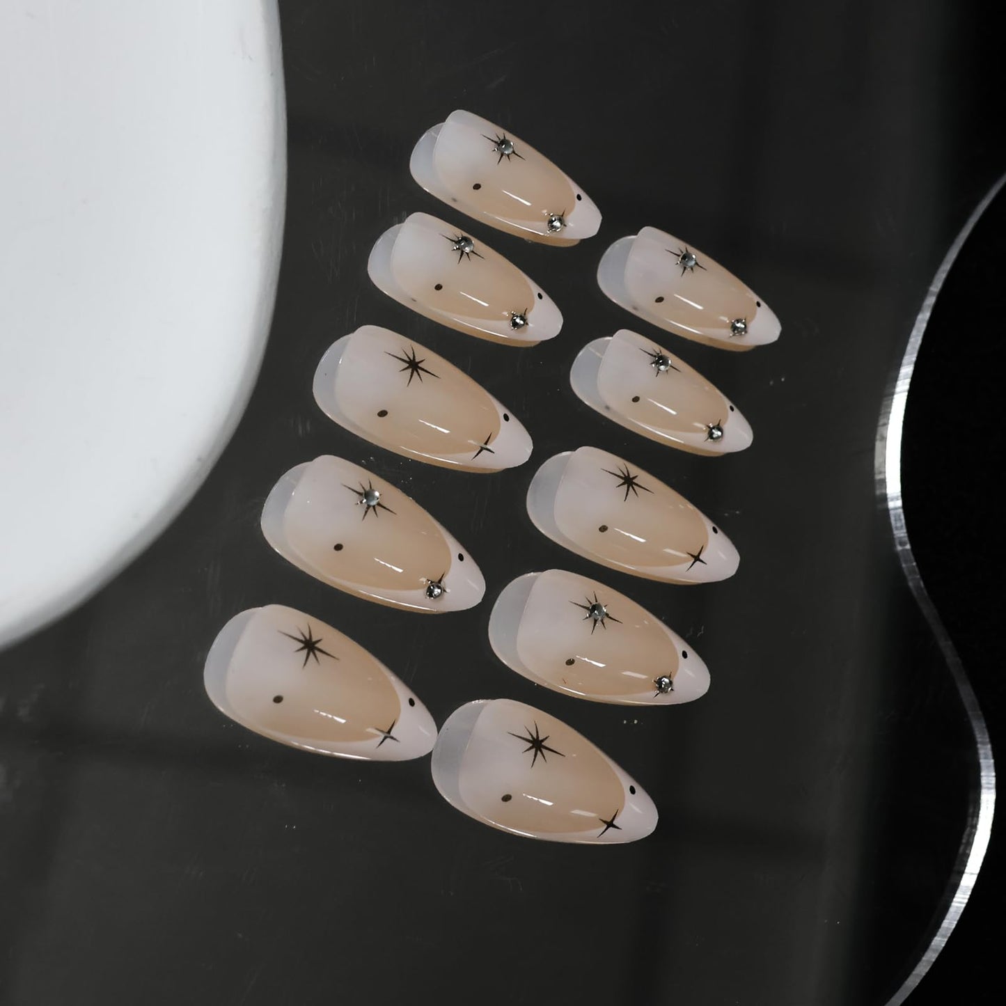 VOTACOS White French Tip Press on Nails Almond Medium Nude Acrylic Fake Nails Press Ons with Designs Golden Star Pot Rhinestone Glue on Nail for Women 24PCS Reusable Artificial Stick on False Nail