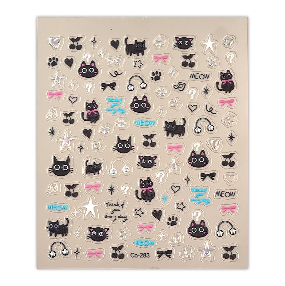 5D Embossed Cat Nail Art Stickers Star Heart Nail Stickers Music Black Cat Nail Decals Self-Adhesive with Cherry Designs Daily Nail Supplies for Women Girls Acrylic Nails DIY Manicure Nail Decorations
