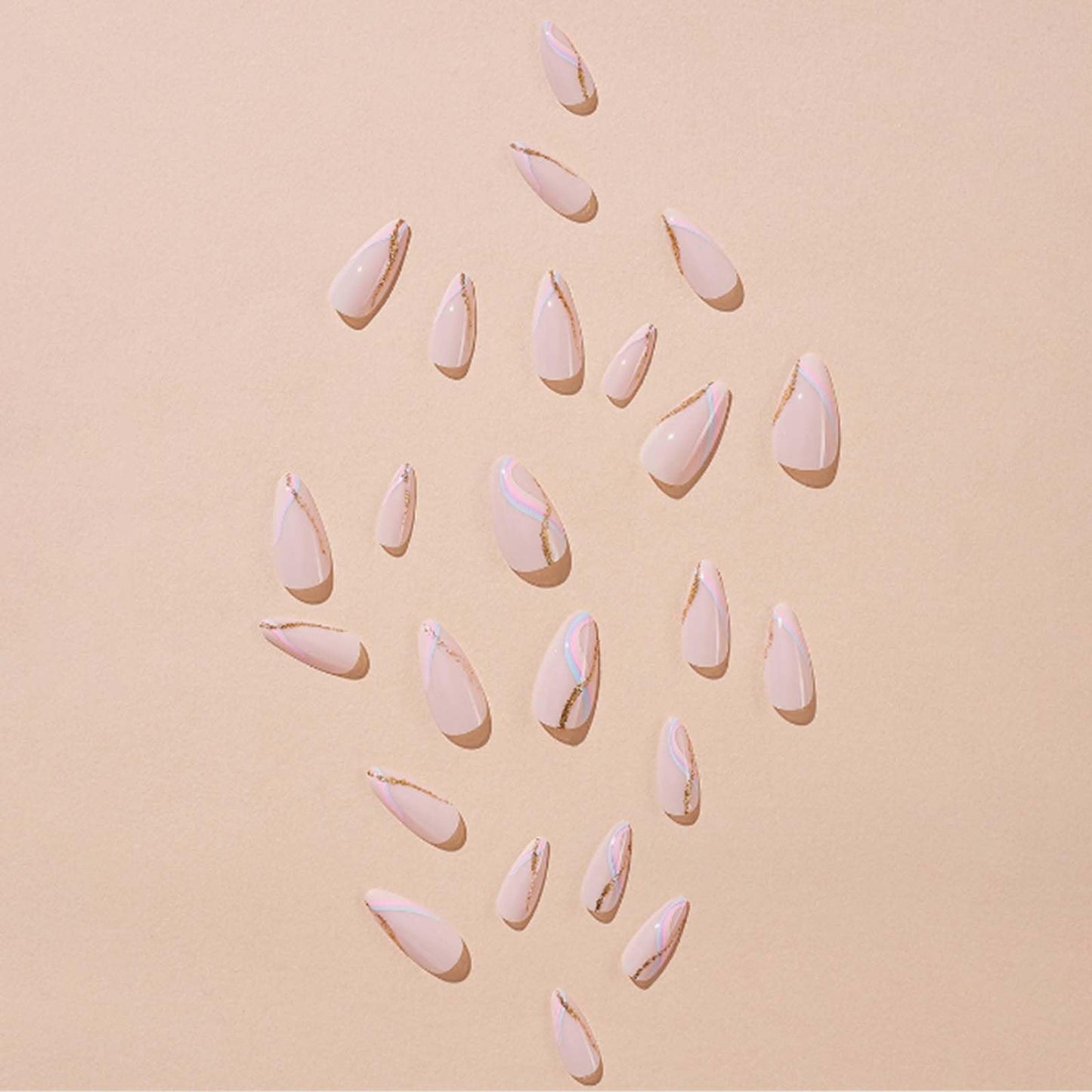YoYoee Short Nude Nails Tips Swirl French False Nails Almond Press on Nails Full Cover Cute Fake Nails for Women and Girls 24PCS