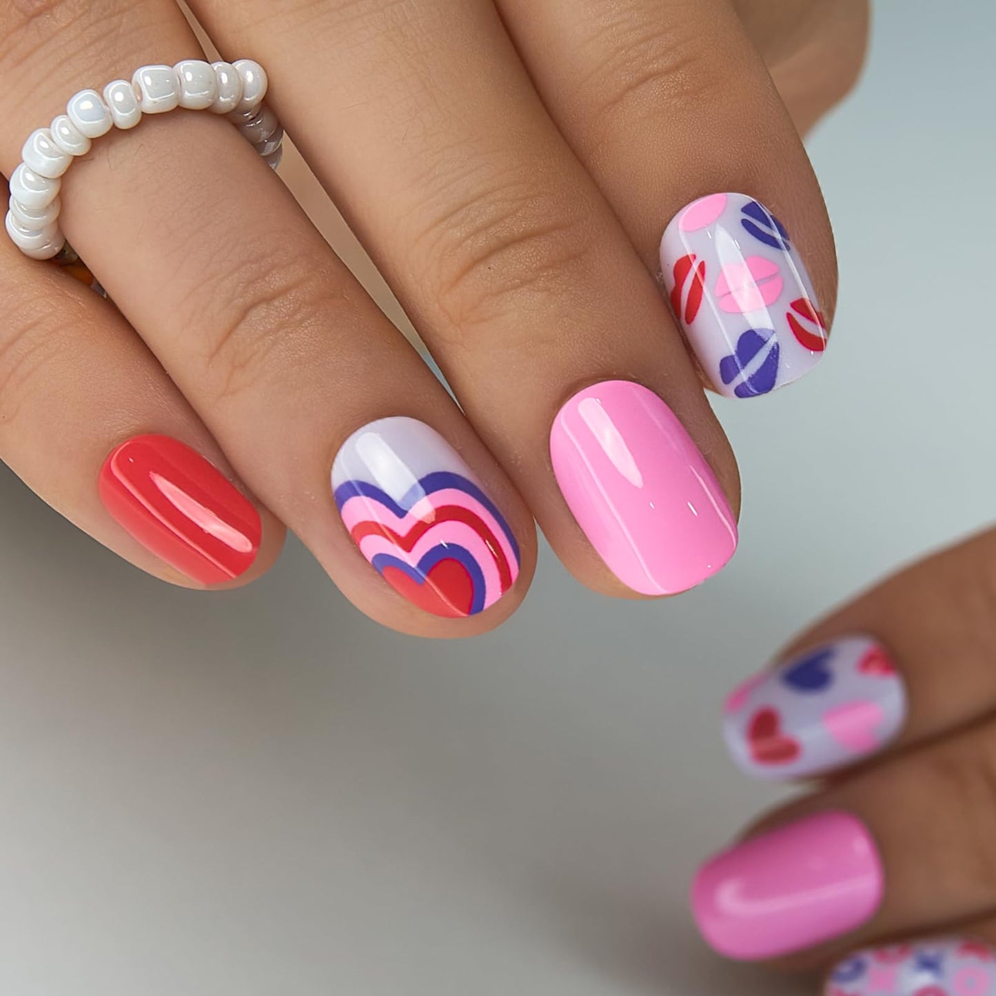 Curvlife Press On Nails Extra Short Square Pink - Valentine Hearts Press on Nails with Glue, Love Kisses Red Pink Glossy Cute Fake Nails Long Lasting False Nail Tips for Women Girls Teens