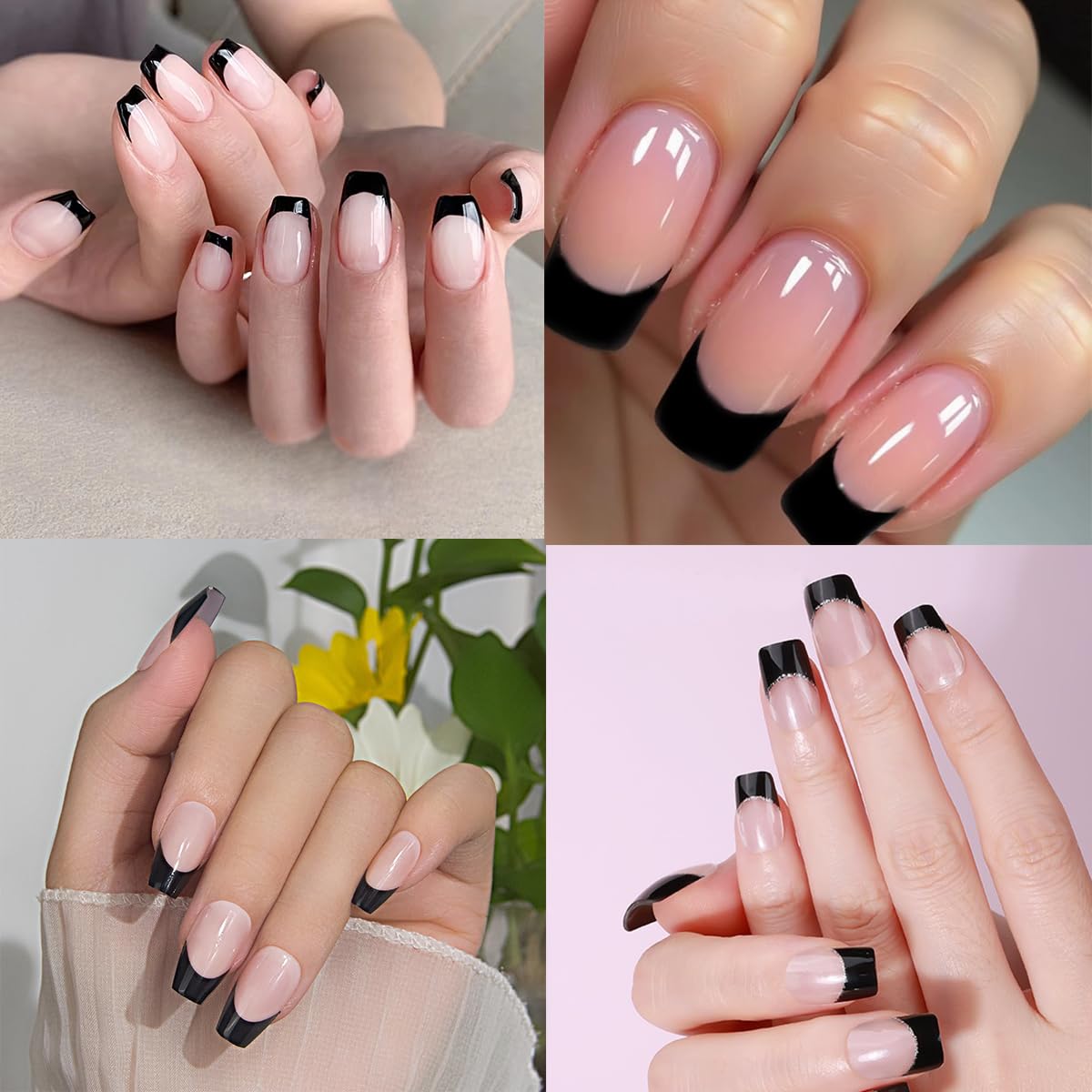 Black French Tip Press on Nails Medium Square Fake Nails 120 Pcs French Tips Gel Glossy Glue on Nail Full Cover Nude Artificial Acrylic Nail Medium Length False Nails for Women Girls