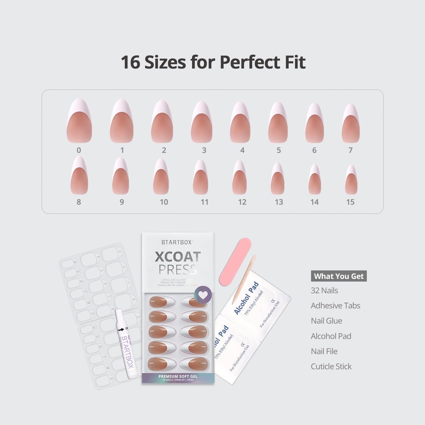 BTArtbox French Tip Press On Nails - Medium Press On Nails Almond, Natural Fake Nail with Nail Glue, Brown Glue On Nails in 16 Sizes - 32 Fake Nails Kit, Capable