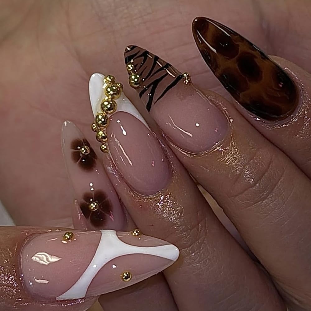French Tips Press on Nails Medium Almond Nails Press on with 5D Rhinestones Flower Charm Design Glossy Brown Leopard Glue on Nails Tortoise Shell Fake Nail Fall Winter Nail for Women Manicure 24Pcs
