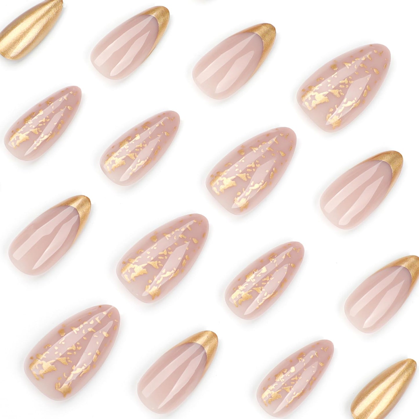 Short Almond Press on Nails with Designs French Tip Gold Nude Pink Fake Nails Press ons Acrylic Nails False Full Cover Artificial Stick on Nails for Women Girls 24 Pcs