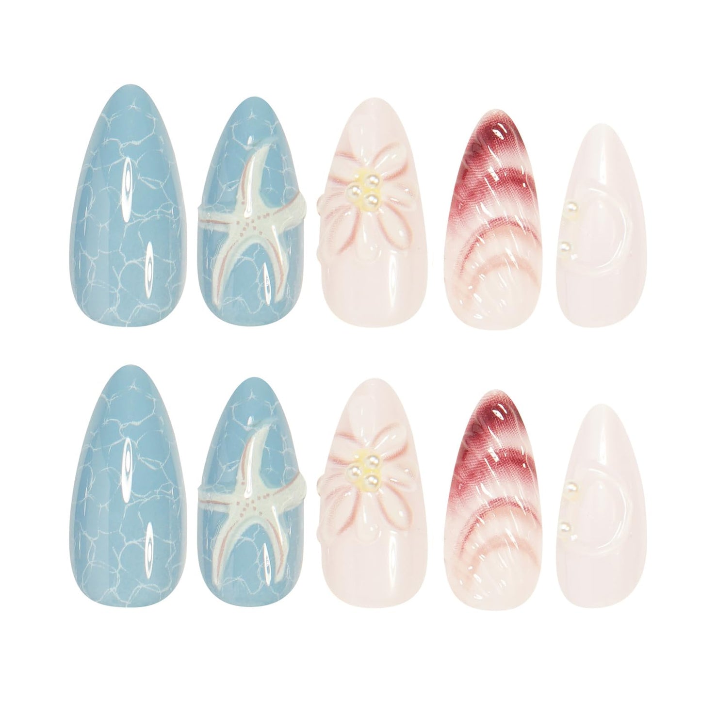 Blue Ocean Press on Nails Medium Almond Fake Nails with 3D Starfish Design Summer Shell False Nails Acrylic Nails Glossy Full Cover Artificial Nails Stick on Nails Nails Pearls for Women Decor 24pcs