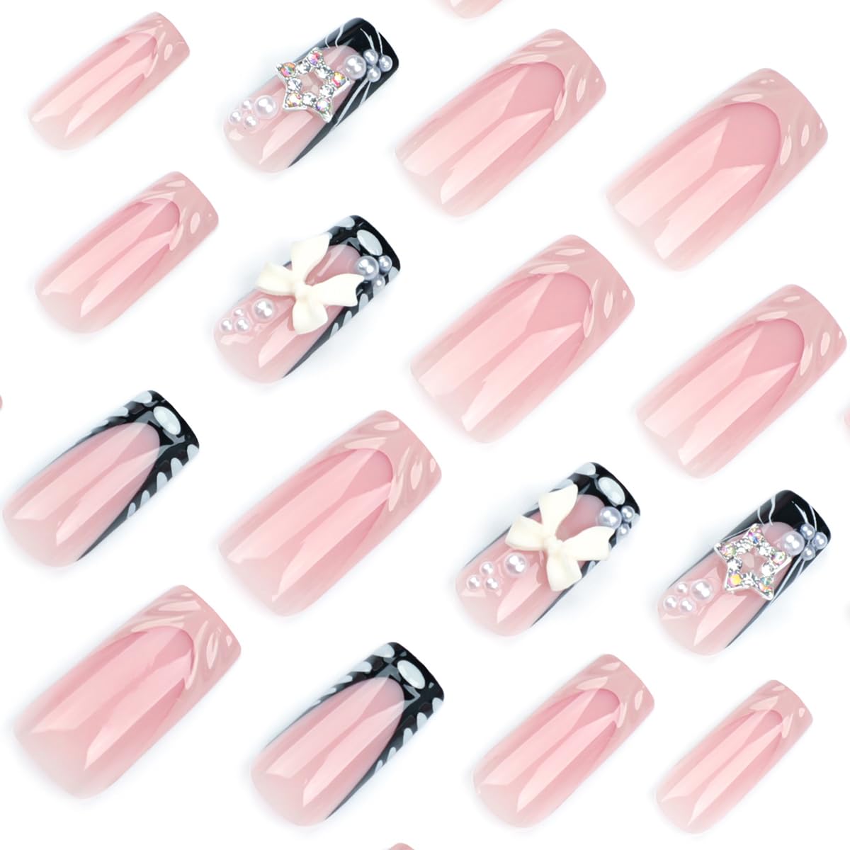 Press on Nails French Tip Fake Nails Medium Square False Nails with Pearl Design Bow Glue on Nail Press ons Glossy Full Cover Artificial Acrylic Nude Stick on Nail for Women Girls Manicure 24cs
