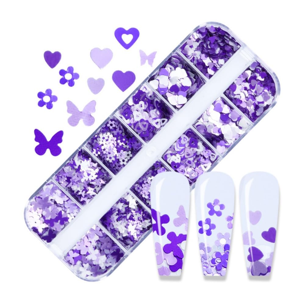 1 Box 2 Color Holographic Hearts Flower Nail Glitter Purple Nail Sequins 3D Butterfly Nail Flakes Sparkly Powder Flakes Shiny Nail Confetti Hollow Chunky Glitter for Nails Art 12 Grids