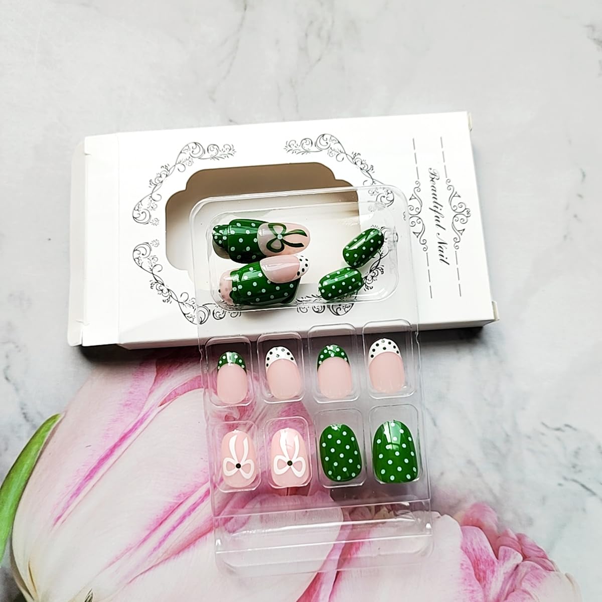 24 Pcs French Tip Press on Nails Short Oval WLGDLH Summer Fake Nails, Green False Nails Press ons Nail Art Tips with Bow Polka Dots Design, Nude Base Glue on Nails for Women Manicure, Glossy Finish