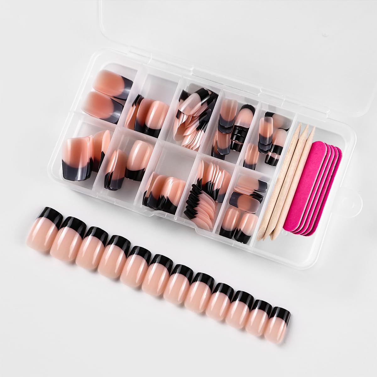 Black French Tip Press on Nails Medium Square Fake Nails 120 Pcs French Tips Gel Glossy Glue on Nail Full Cover Nude Artificial Acrylic Nail Medium Length False Nails for Women Girls