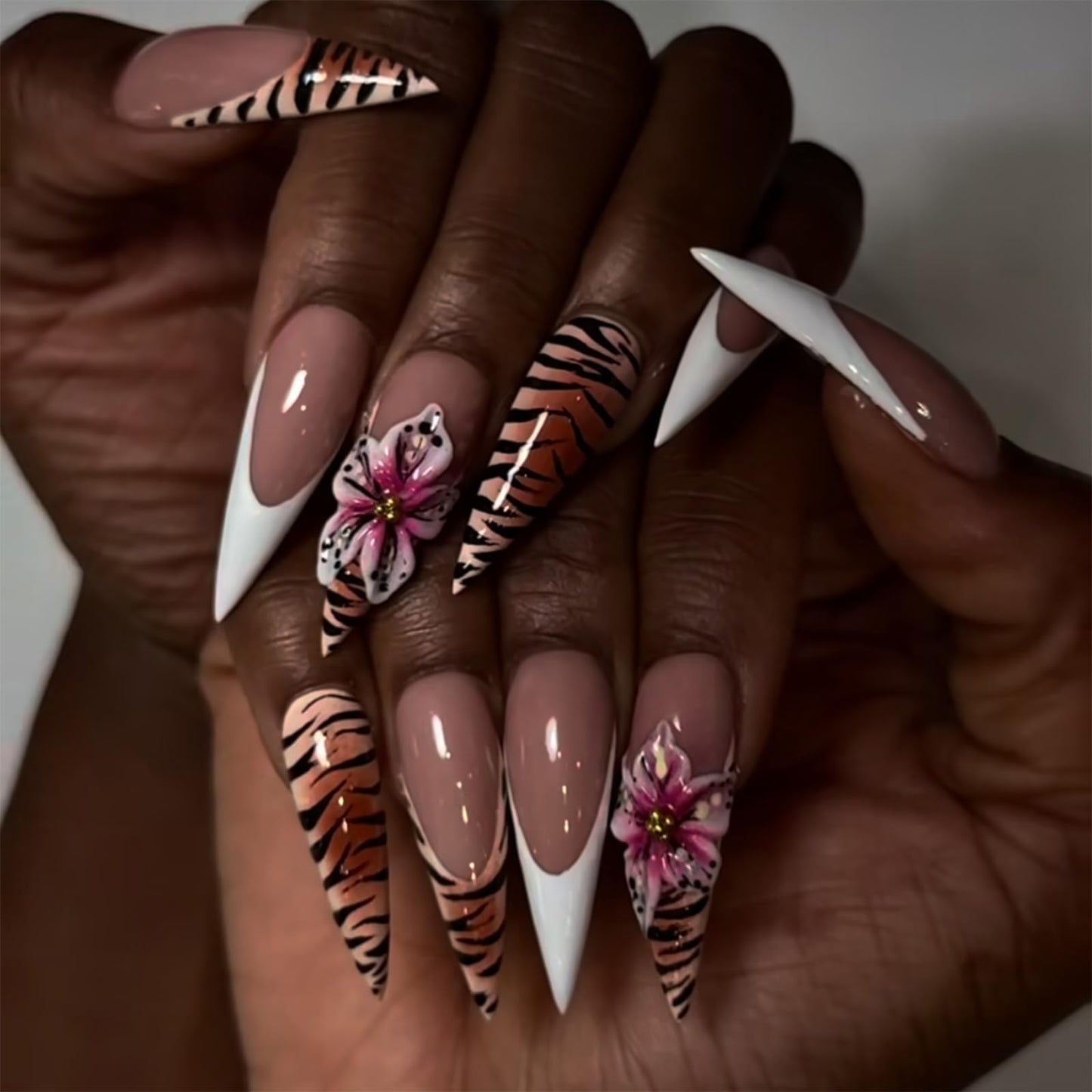 SINHOT Stiletto Press on Nails Long Fake Nails Glossy Glue on Nails Zebra Stripes Acrylic Nail 3D Flower Almond Artificial Nail White French Tip Stick on False Nail with Design 24 pcs