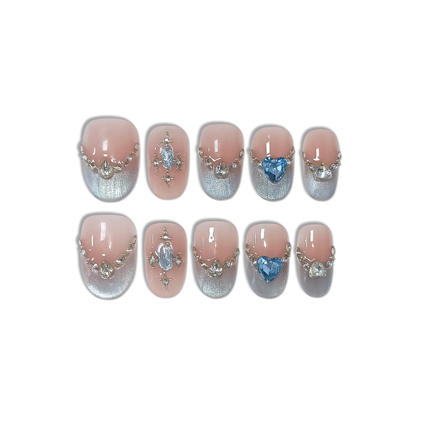 TENPAL Handmade Press on Nails Short Oval- Icy Blue French Tips Fake Nails with Cat Eye Designs, Glitter Glossy False Nails Kits for Women,Cute Sheer Stick on Nails for Daily Wear(M)