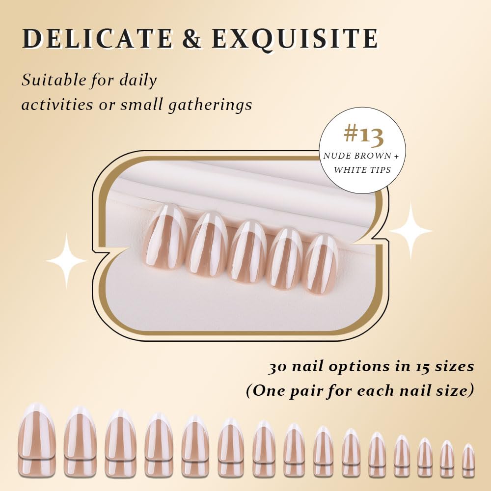 evpct French Tip Press On Nails Short Almond, Nude Brown + Wihte Tips, Chrome Glazed Glossy Short Almond Fake False Press on Nails, Reusable Gel Stick on nail Press ons Nail Kit, Salon Quality