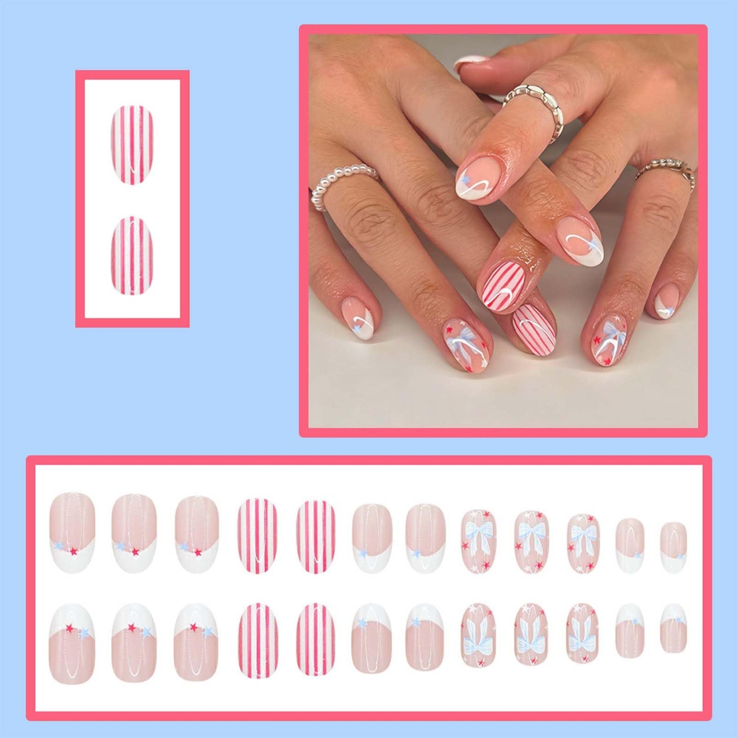 AWDSLUY 24Pcs Bow White French Tip Press on Nails Short Oval Fake Nails with Pink White Stripe Star Design Nude Pink Glossy False Nails Sweet Summer Blue Star Full Cover Stick on Nails for Women