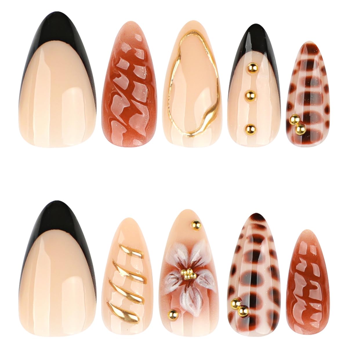 Brown Gold Press on Nails Medium Almond Fake Nails Press ons with Flower,Gold Lines,Crocodile Design Reusable Artificial Full Cover Glue on Nails for Women Fall Winter Manicure 24Pcs